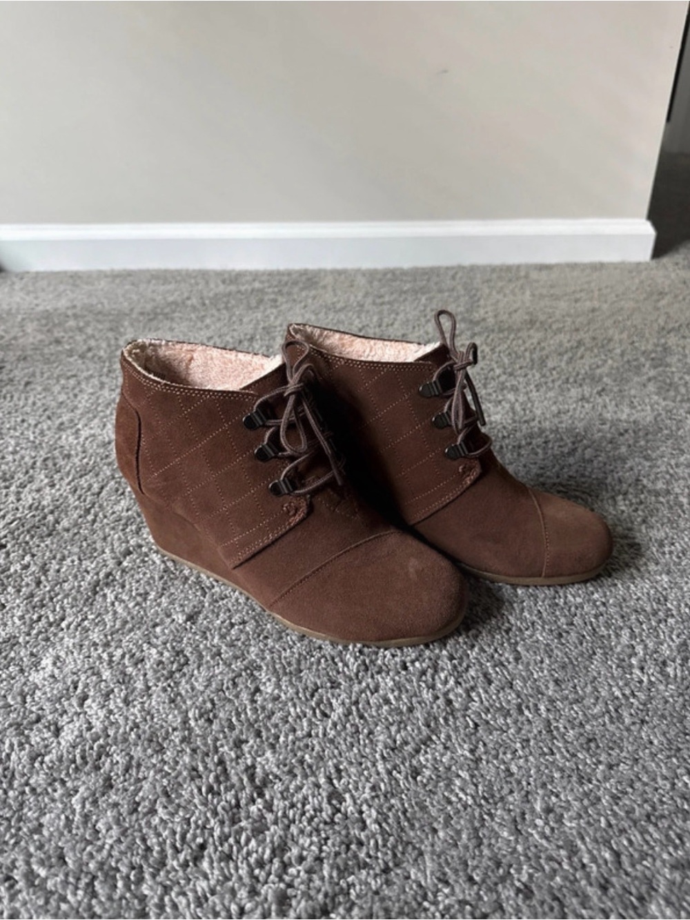 Toms Brown Suede Lace-Up Wedge Booties